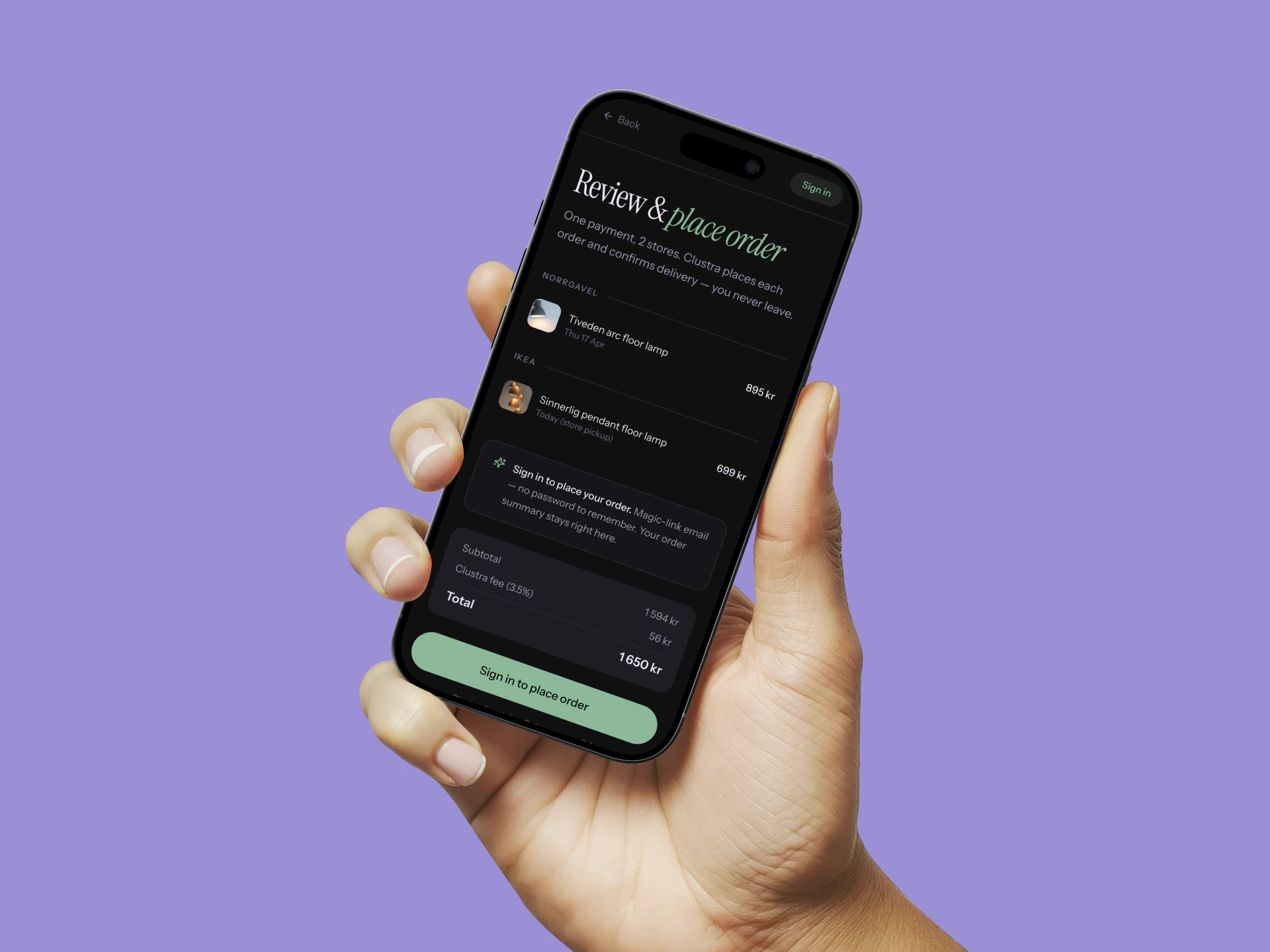 Clustra on a phone in hand — the review-and-place-order screen, one cart across retailers.