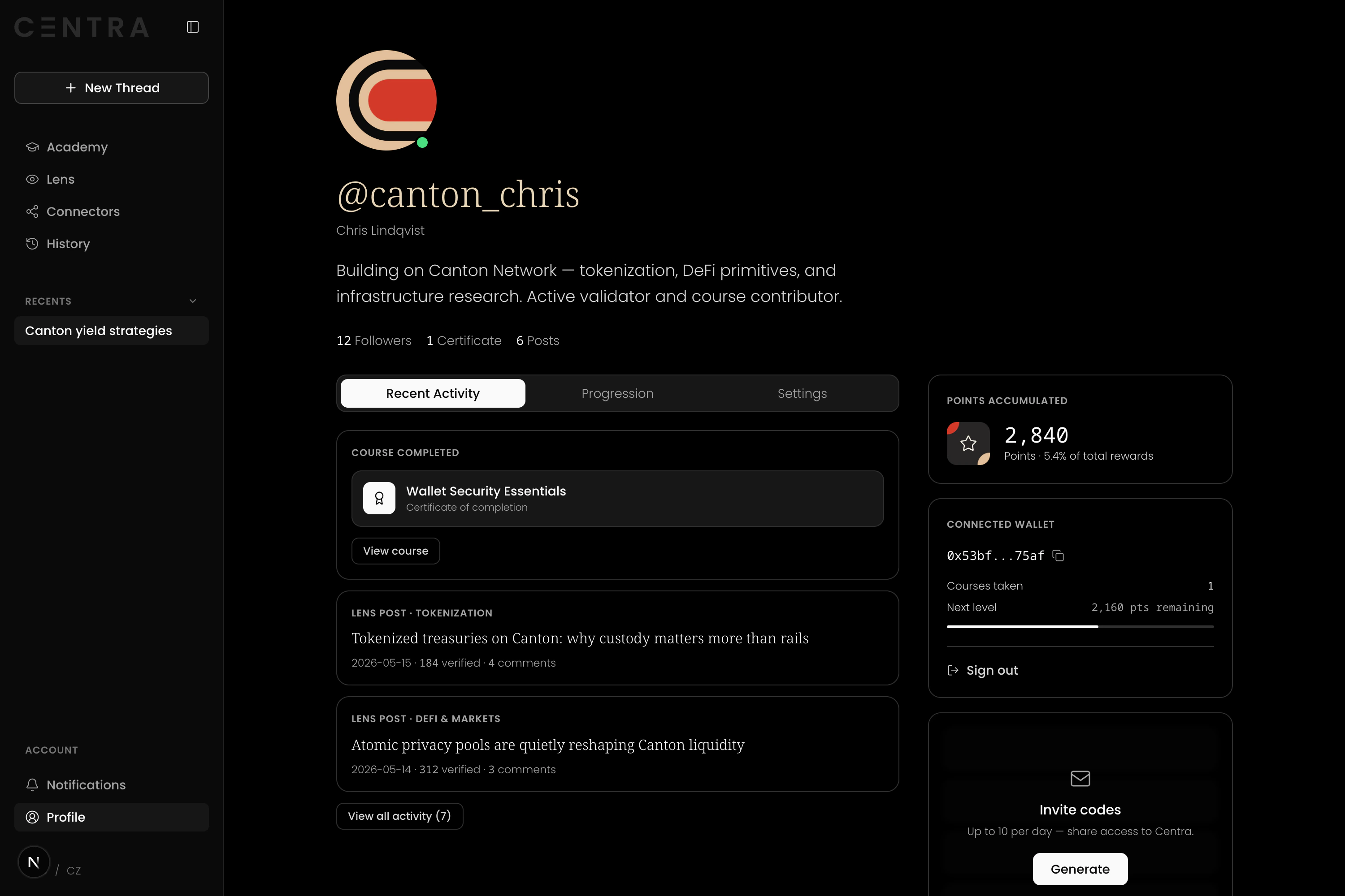 A Centra Lens contributor profile — a verified voice with posts and credentials.