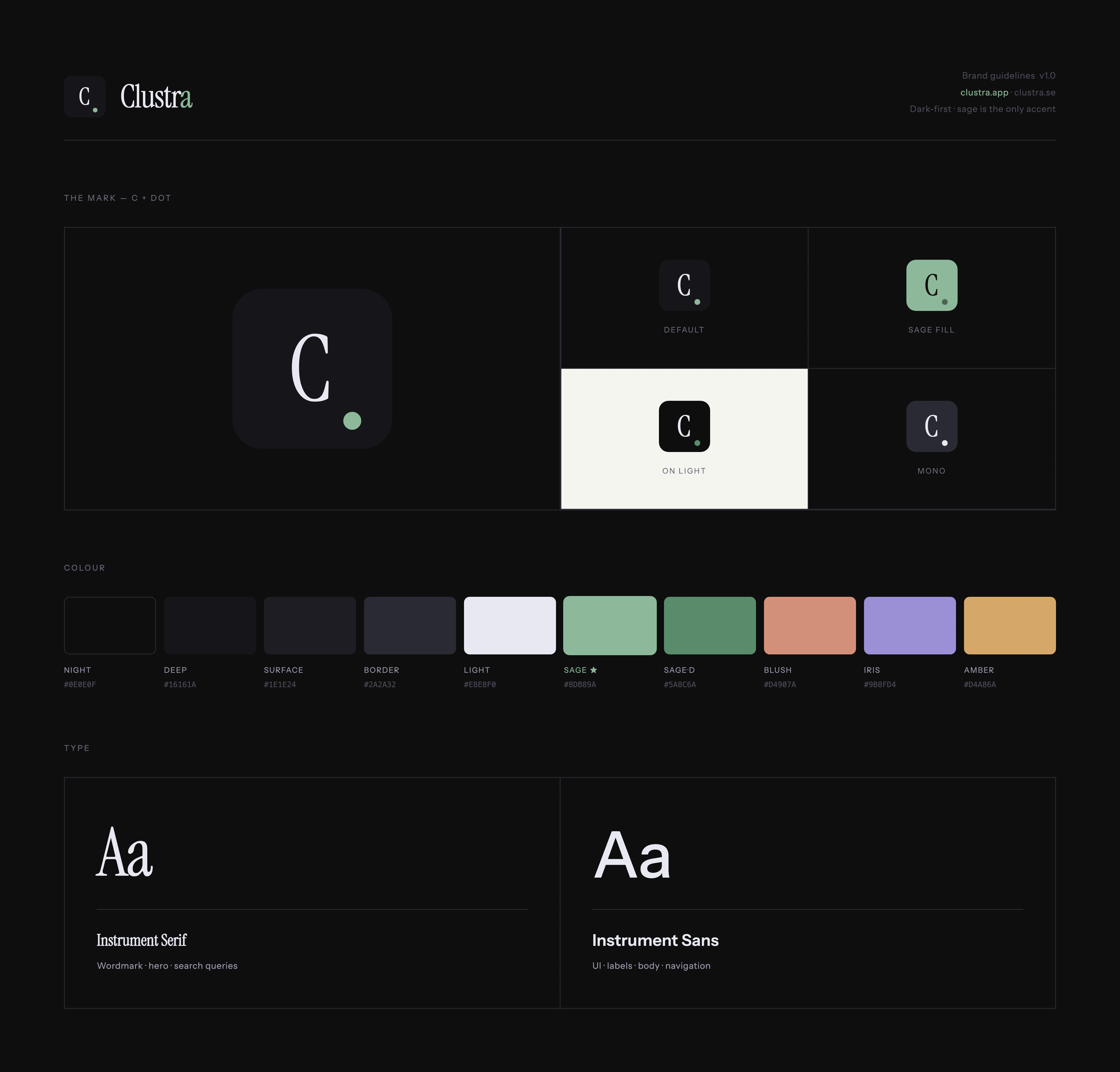 Clustra brand guidelines — the C+dot lettermark with its four variants, the sage-led colour tokens, and the Instrument Serif / Instrument Sans type.