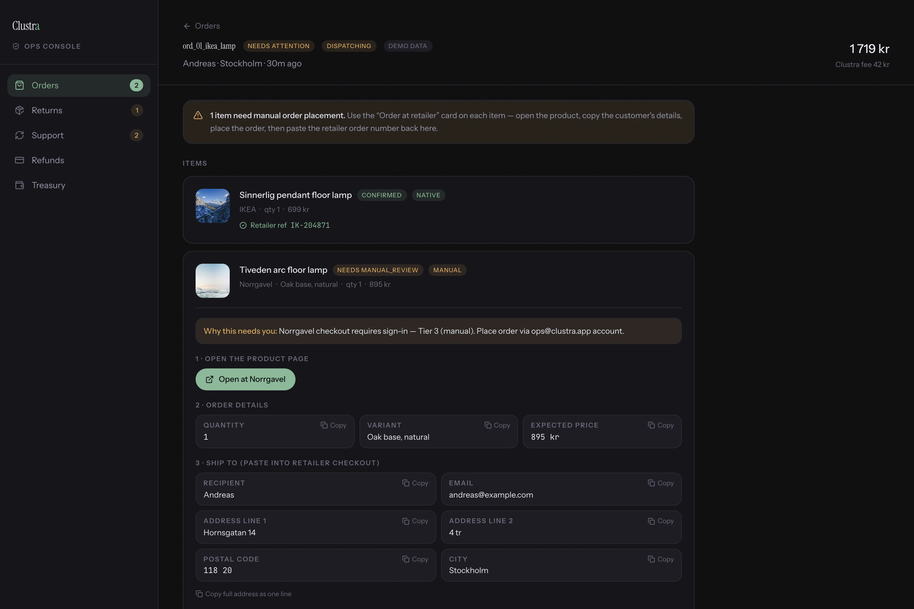 Clustra ops — an order flagged for manual placement, with the exact steps for a human to complete the purchase at the retailer.