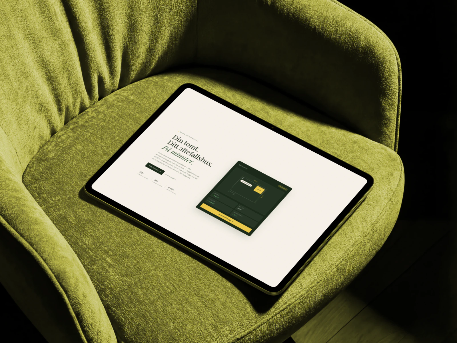 Tomtigo on a tablet resting on a chair — the live plot tool in a real home.